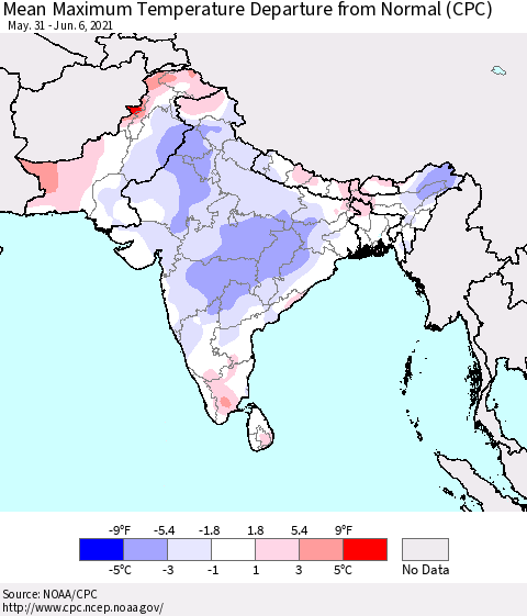 Southern Asia Maximum Temperature Departure From Normal (CPC) Thematic Map For 5/31/2021 - 6/6/2021
