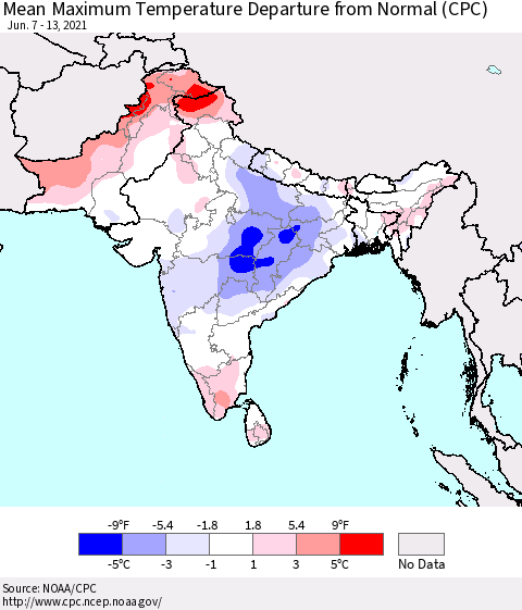 Southern Asia Maximum Temperature Departure From Normal (CPC) Thematic Map For 6/7/2021 - 6/13/2021