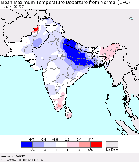 Southern Asia Mean Maximum Temperature Departure from Normal (CPC) Thematic Map For 6/14/2021 - 6/20/2021