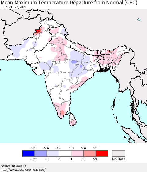 Southern Asia Mean Maximum Temperature Departure from Normal (CPC) Thematic Map For 6/21/2021 - 6/27/2021