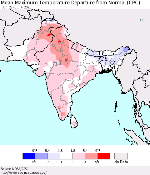 Southern Asia Maximum Temperature Departure From Normal (CPC) Thematic Map For 6/28/2021 - 7/4/2021