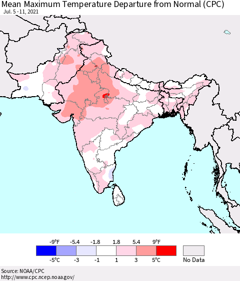 Southern Asia Mean Maximum Temperature Departure from Normal (CPC) Thematic Map For 7/5/2021 - 7/11/2021