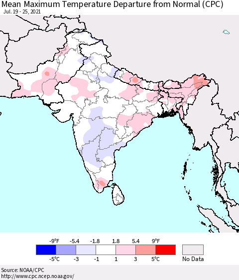 Southern Asia Mean Maximum Temperature Departure from Normal (CPC) Thematic Map For 7/19/2021 - 7/25/2021