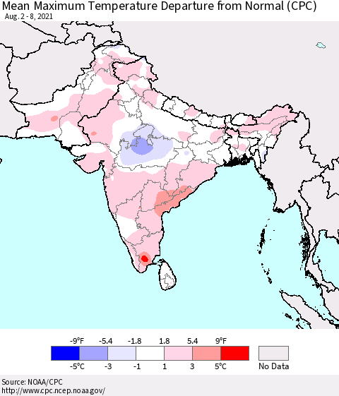 Southern Asia Mean Maximum Temperature Departure from Normal (CPC) Thematic Map For 8/2/2021 - 8/8/2021