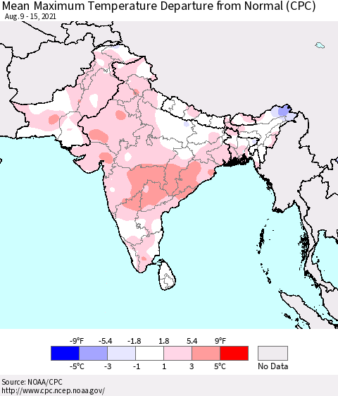 Southern Asia Mean Maximum Temperature Departure from Normal (CPC) Thematic Map For 8/9/2021 - 8/15/2021