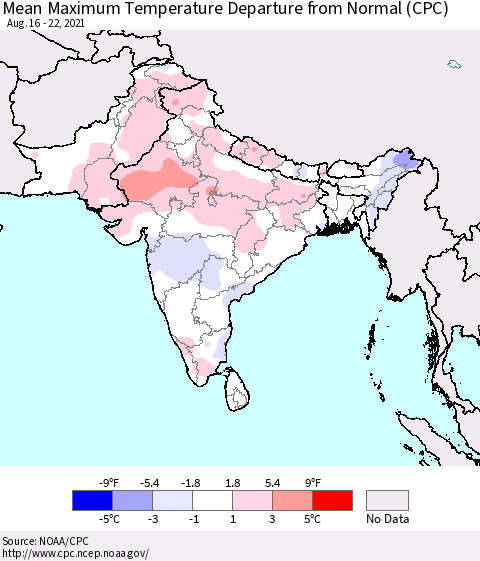 Southern Asia Mean Maximum Temperature Departure from Normal (CPC) Thematic Map For 8/16/2021 - 8/22/2021