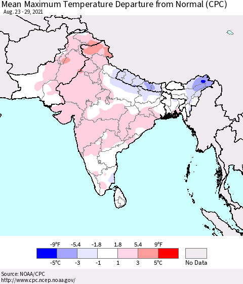 Southern Asia Mean Maximum Temperature Departure from Normal (CPC) Thematic Map For 8/23/2021 - 8/29/2021