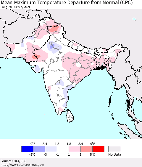 Southern Asia Mean Maximum Temperature Departure from Normal (CPC) Thematic Map For 8/30/2021 - 9/5/2021