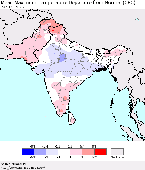 Southern Asia Mean Maximum Temperature Departure from Normal (CPC) Thematic Map For 9/13/2021 - 9/19/2021