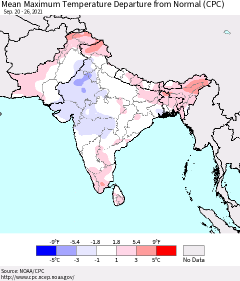 Southern Asia Maximum Temperature Departure From Normal (CPC) Thematic Map For 9/20/2021 - 9/26/2021