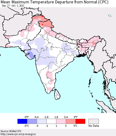 Southern Asia Maximum Temperature Departure From Normal (CPC) Thematic Map For 9/27/2021 - 10/3/2021