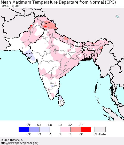 Southern Asia Mean Maximum Temperature Departure from Normal (CPC) Thematic Map For 10/4/2021 - 10/10/2021