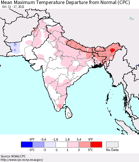 Southern Asia Mean Maximum Temperature Departure from Normal (CPC) Thematic Map For 10/11/2021 - 10/17/2021