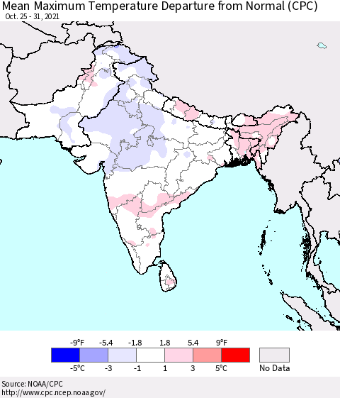 Southern Asia Maximum Temperature Departure From Normal (CPC) Thematic Map For 10/25/2021 - 10/31/2021