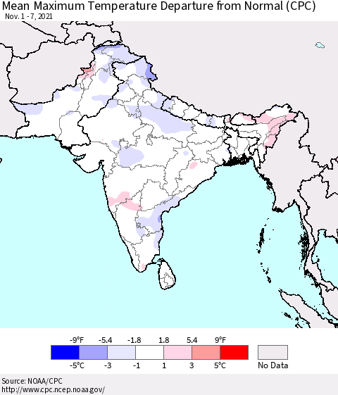 Southern Asia Mean Maximum Temperature Departure from Normal (CPC) Thematic Map For 11/1/2021 - 11/7/2021
