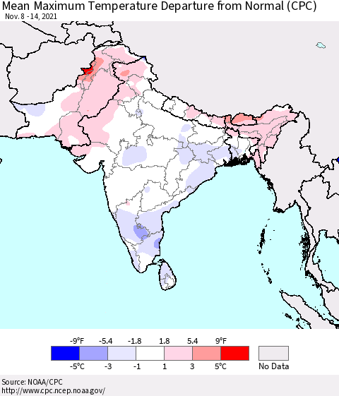 Southern Asia Mean Maximum Temperature Departure from Normal (CPC) Thematic Map For 11/8/2021 - 11/14/2021