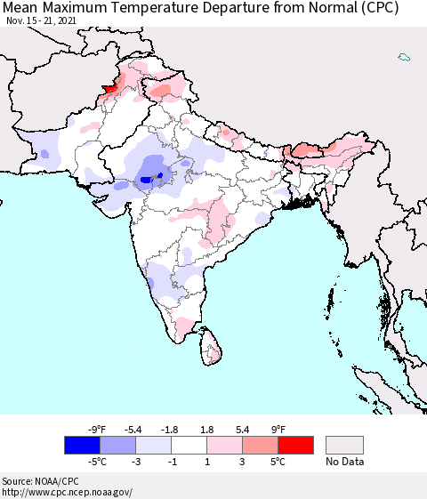 Southern Asia Mean Maximum Temperature Departure from Normal (CPC) Thematic Map For 11/15/2021 - 11/21/2021