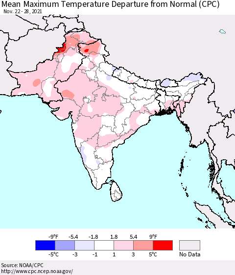 Southern Asia Mean Maximum Temperature Departure from Normal (CPC) Thematic Map For 11/22/2021 - 11/28/2021