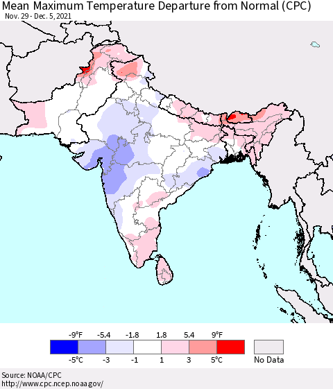 Southern Asia Mean Maximum Temperature Departure from Normal (CPC) Thematic Map For 11/29/2021 - 12/5/2021