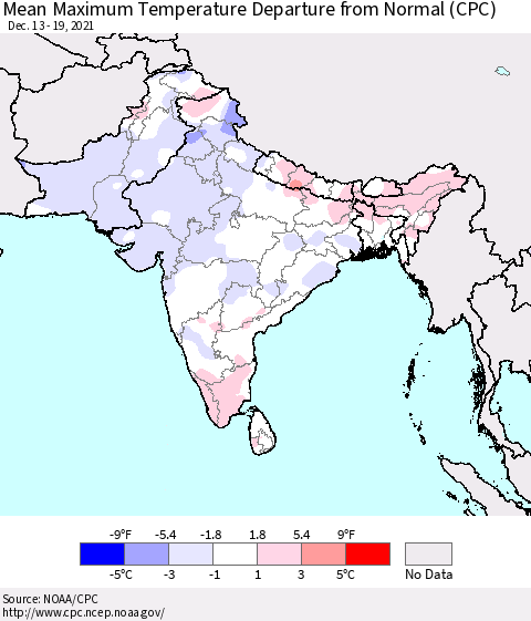 Southern Asia Maximum Temperature Departure From Normal (CPC) Thematic Map For 12/13/2021 - 12/19/2021