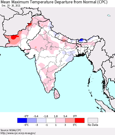 Southern Asia Mean Maximum Temperature Departure from Normal (CPC) Thematic Map For 12/20/2021 - 12/26/2021