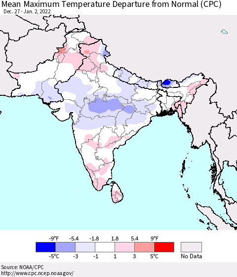 Southern Asia Mean Maximum Temperature Departure from Normal (CPC) Thematic Map For 12/27/2021 - 1/2/2022