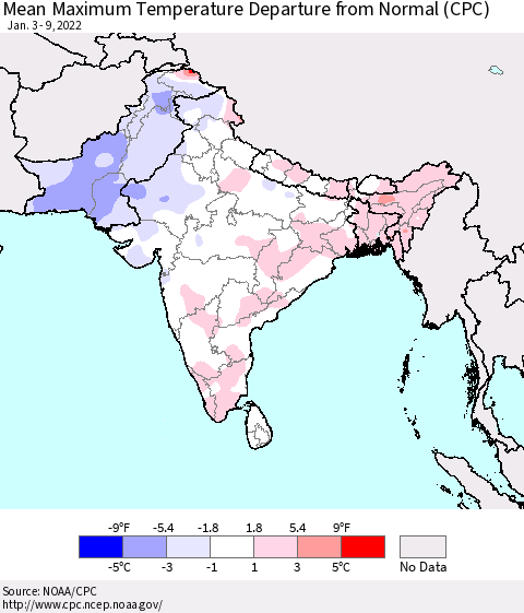 Southern Asia Mean Maximum Temperature Departure from Normal (CPC) Thematic Map For 1/3/2022 - 1/9/2022