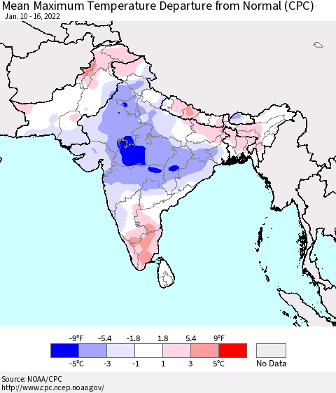 Southern Asia Mean Maximum Temperature Departure from Normal (CPC) Thematic Map For 1/10/2022 - 1/16/2022