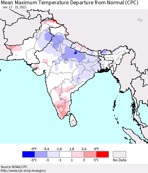 Southern Asia Mean Maximum Temperature Departure from Normal (CPC) Thematic Map For 1/17/2022 - 1/23/2022
