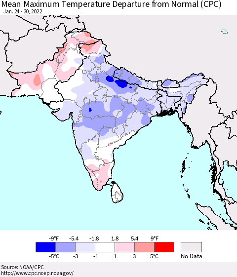 Southern Asia Mean Maximum Temperature Departure from Normal (CPC) Thematic Map For 1/24/2022 - 1/30/2022