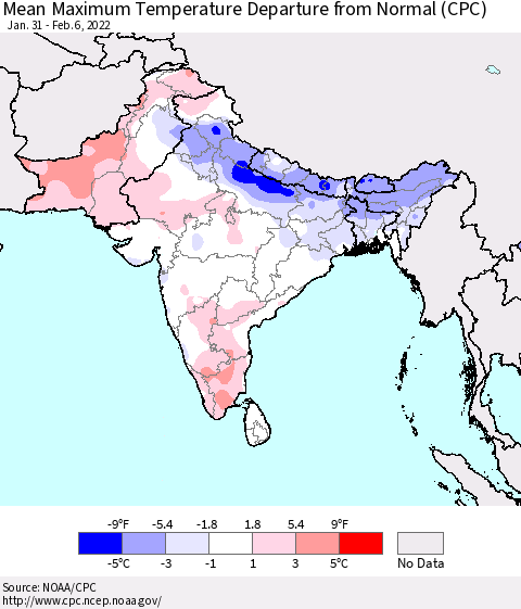 Southern Asia Mean Maximum Temperature Departure from Normal (CPC) Thematic Map For 1/31/2022 - 2/6/2022