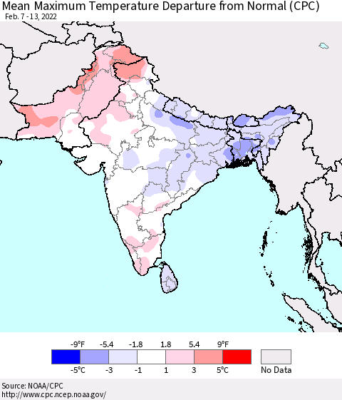 Southern Asia Mean Maximum Temperature Departure from Normal (CPC) Thematic Map For 2/7/2022 - 2/13/2022