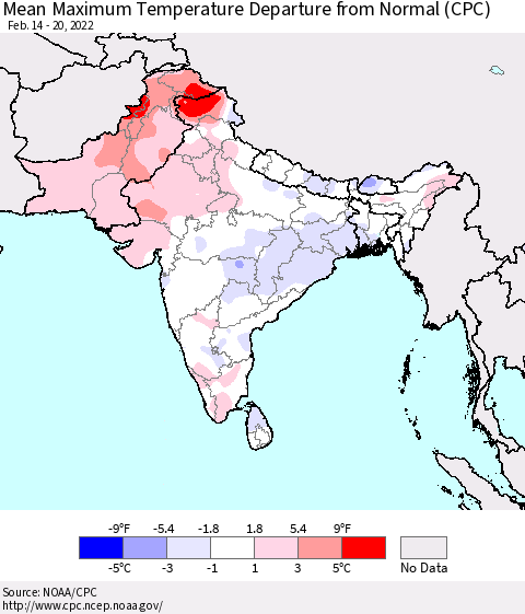 Southern Asia Mean Maximum Temperature Departure from Normal (CPC) Thematic Map For 2/14/2022 - 2/20/2022
