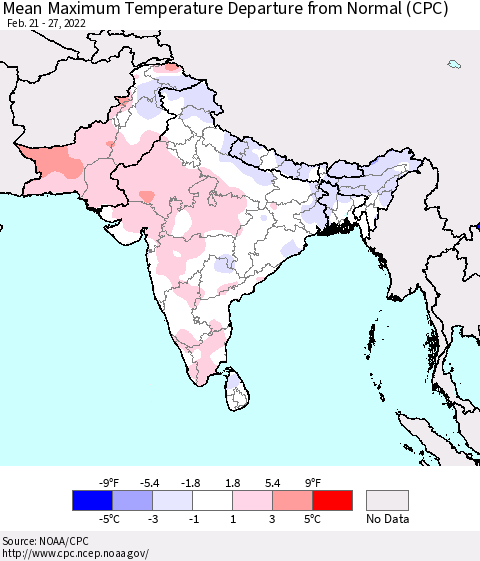 Southern Asia Mean Maximum Temperature Departure from Normal (CPC) Thematic Map For 2/21/2022 - 2/27/2022