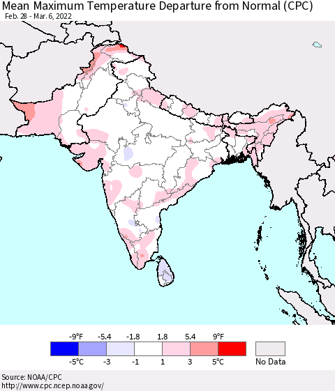 Southern Asia Mean Maximum Temperature Departure from Normal (CPC) Thematic Map For 2/28/2022 - 3/6/2022