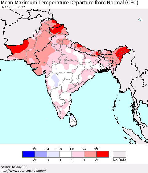 Southern Asia Mean Maximum Temperature Departure from Normal (CPC) Thematic Map For 3/7/2022 - 3/13/2022