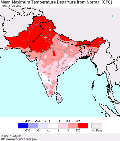 Southern Asia Mean Maximum Temperature Departure from Normal (CPC) Thematic Map For 3/14/2022 - 3/20/2022