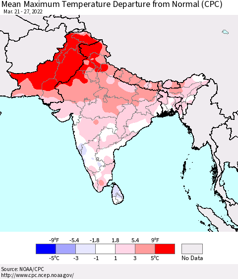 Southern Asia Mean Maximum Temperature Departure from Normal (CPC) Thematic Map For 3/21/2022 - 3/27/2022