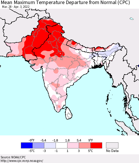 Southern Asia Mean Maximum Temperature Departure from Normal (CPC) Thematic Map For 3/28/2022 - 4/3/2022