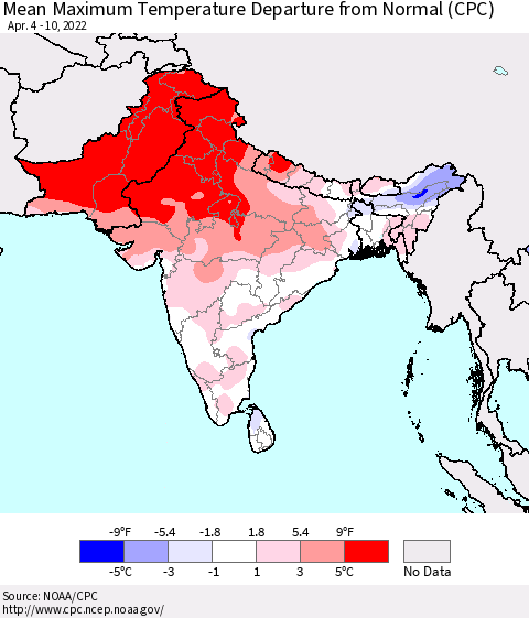 Southern Asia Mean Maximum Temperature Departure from Normal (CPC) Thematic Map For 4/4/2022 - 4/10/2022