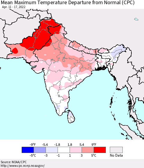 Southern Asia Mean Maximum Temperature Departure from Normal (CPC) Thematic Map For 4/11/2022 - 4/17/2022