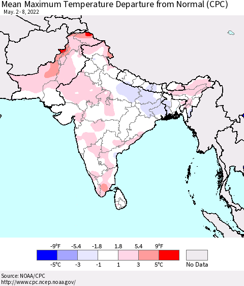 Southern Asia Maximum Temperature Departure From Normal (CPC) Thematic Map For 5/2/2022 - 5/8/2022