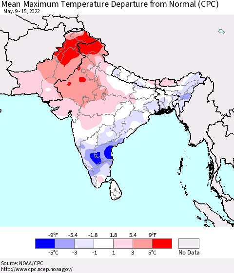 Southern Asia Mean Maximum Temperature Departure from Normal (CPC) Thematic Map For 5/9/2022 - 5/15/2022