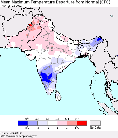 Southern Asia Mean Maximum Temperature Departure from Normal (CPC) Thematic Map For 5/16/2022 - 5/22/2022