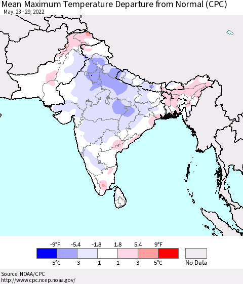 Southern Asia Mean Maximum Temperature Departure from Normal (CPC) Thematic Map For 5/23/2022 - 5/29/2022