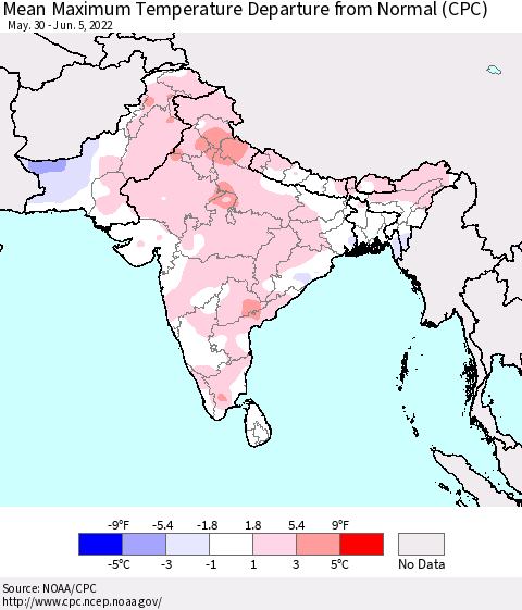 Southern Asia Mean Maximum Temperature Departure from Normal (CPC) Thematic Map For 5/30/2022 - 6/5/2022