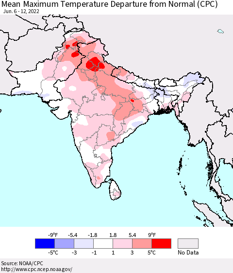 Southern Asia Maximum Temperature Departure From Normal (CPC) Thematic Map For 6/6/2022 - 6/12/2022