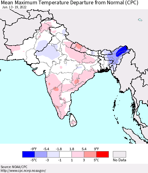 Southern Asia Maximum Temperature Departure From Normal (CPC) Thematic Map For 6/13/2022 - 6/19/2022