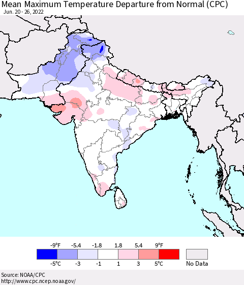 Southern Asia Mean Maximum Temperature Departure from Normal (CPC) Thematic Map For 6/20/2022 - 6/26/2022