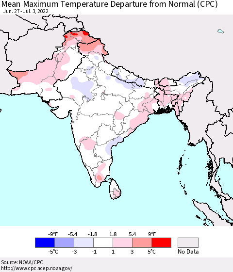 Southern Asia Mean Maximum Temperature Departure from Normal (CPC) Thematic Map For 6/27/2022 - 7/3/2022